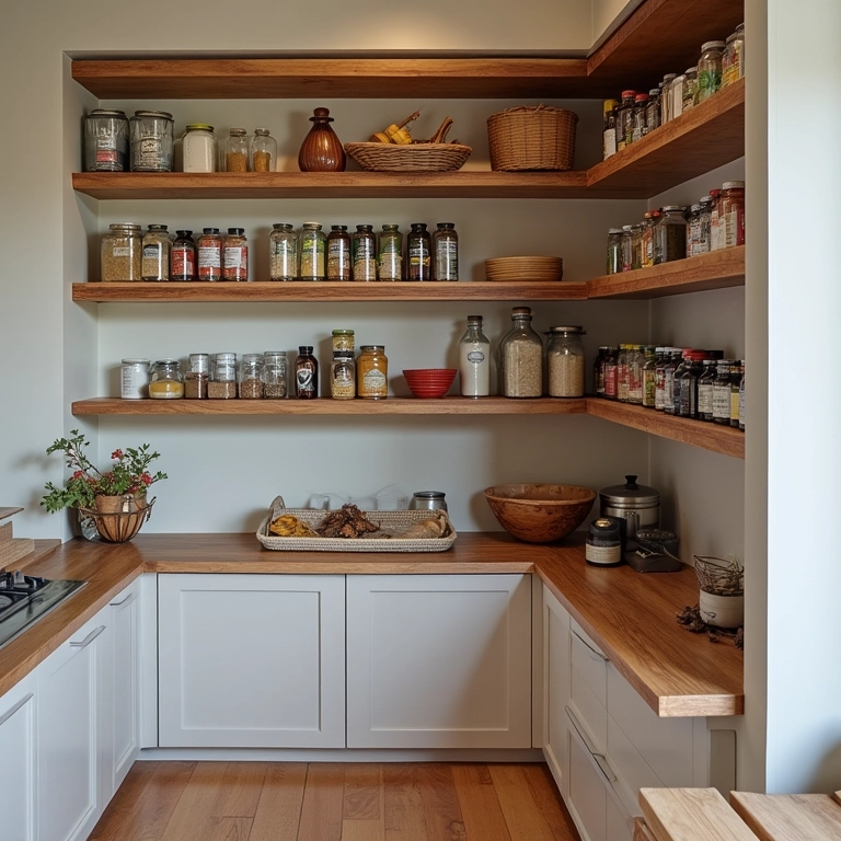 Pequena despensa com prateleiras aéreas e nichos otimizando espaço vertical.