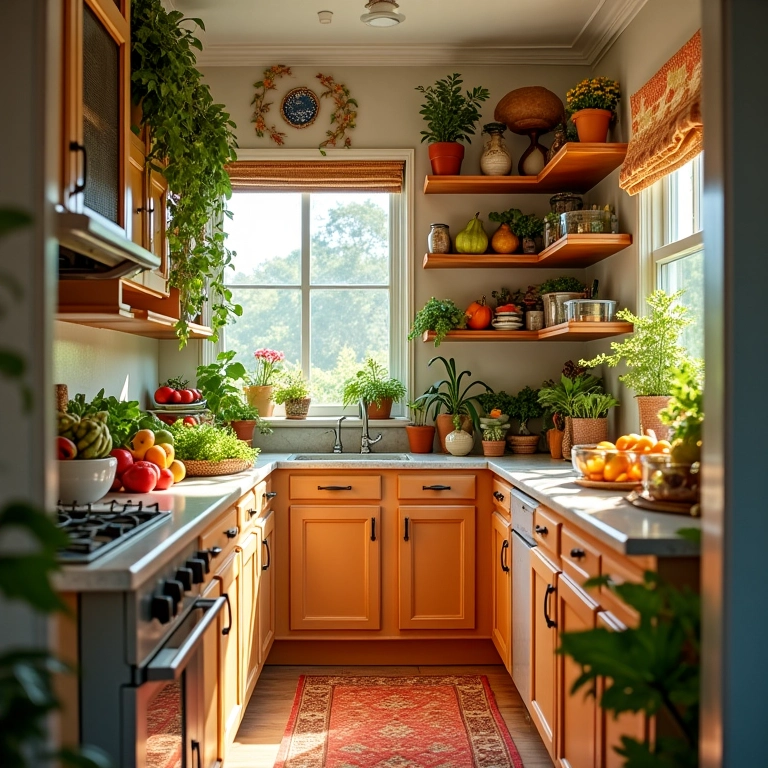 Pequena despensa organizada com decoração brasileira vibrante e alimentos frescos.
