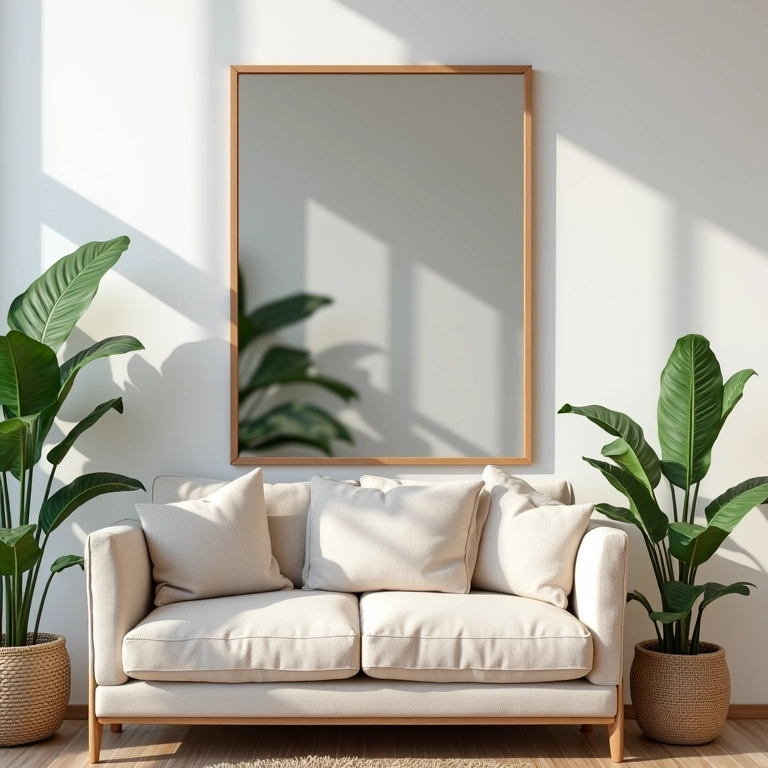 Pequena sala de estar com espelho na parede ampliando o espaço e refletindo a decoração.