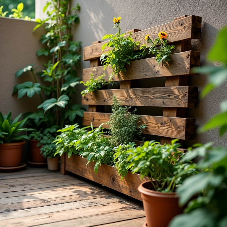 Pequeno pátio com jardim vertical feito de pallets reciclados, com ervas e flores.