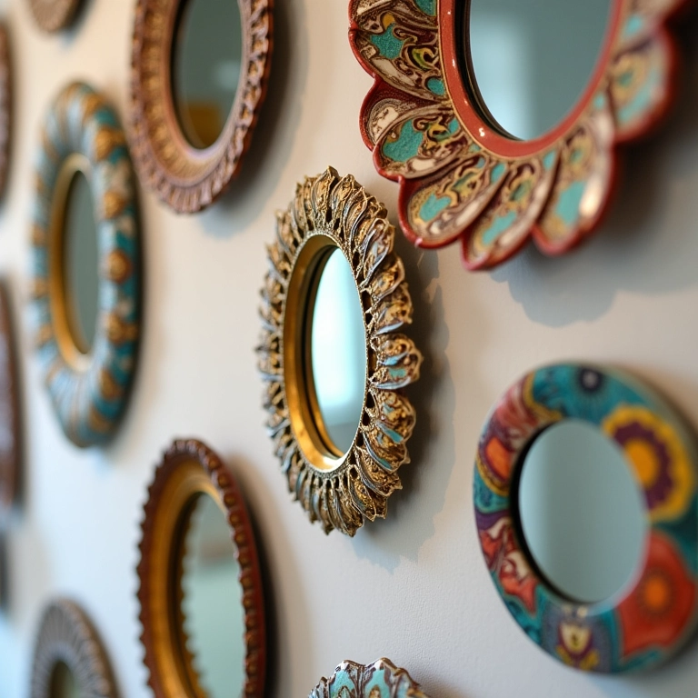 Pequenos espelhos decorativos formando uma parede de galeria.