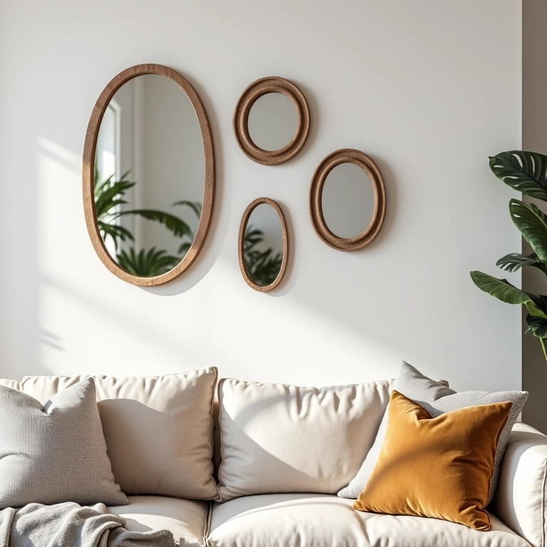 Pequenos espelhos decorativos na parede, ampliando o espaço em sala de estar.