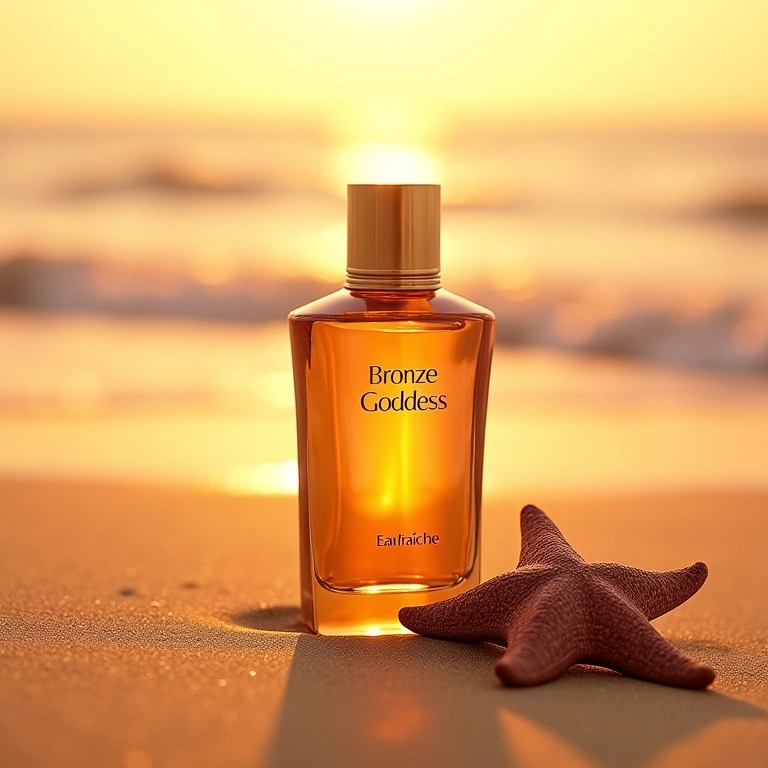 Perfume Bronze Goddess Eau Fraîche Estée Lauder na areia dourada.