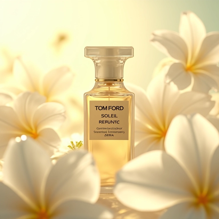 Perfume Soleil Blanc Tom Ford entre flores brancas.
