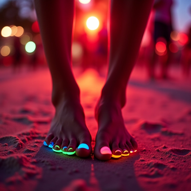 Pés com esmalte neon vibrante dançando em festa na praia no Brasil.
