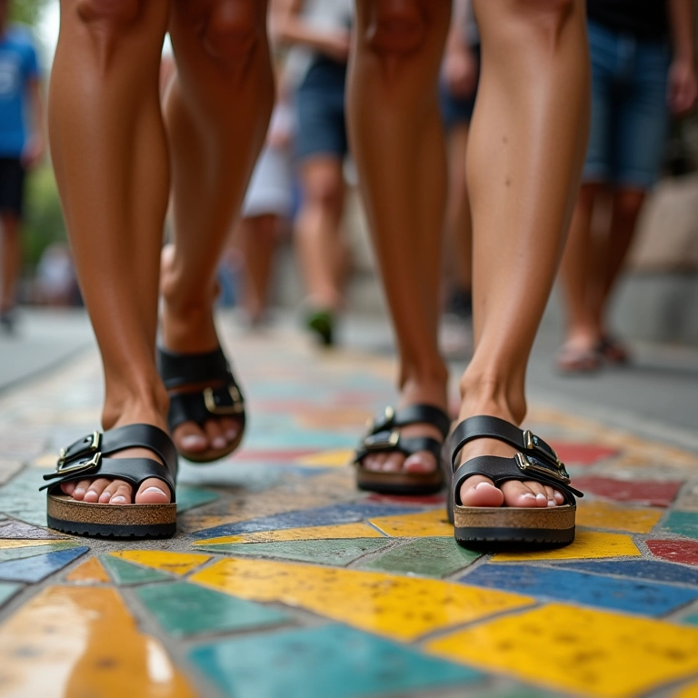 Pés femininos com sandálias Birkenstock em calçada mosaico no Rio de Janeiro.