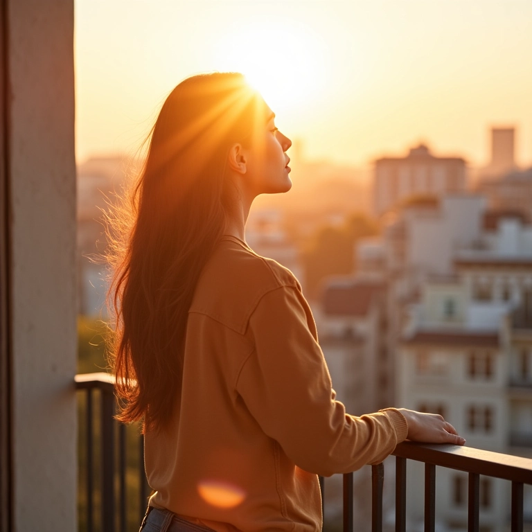 Pessoa aproveitando o sol na varanda, garantindo a exposição solar moderada para a vitamina D.