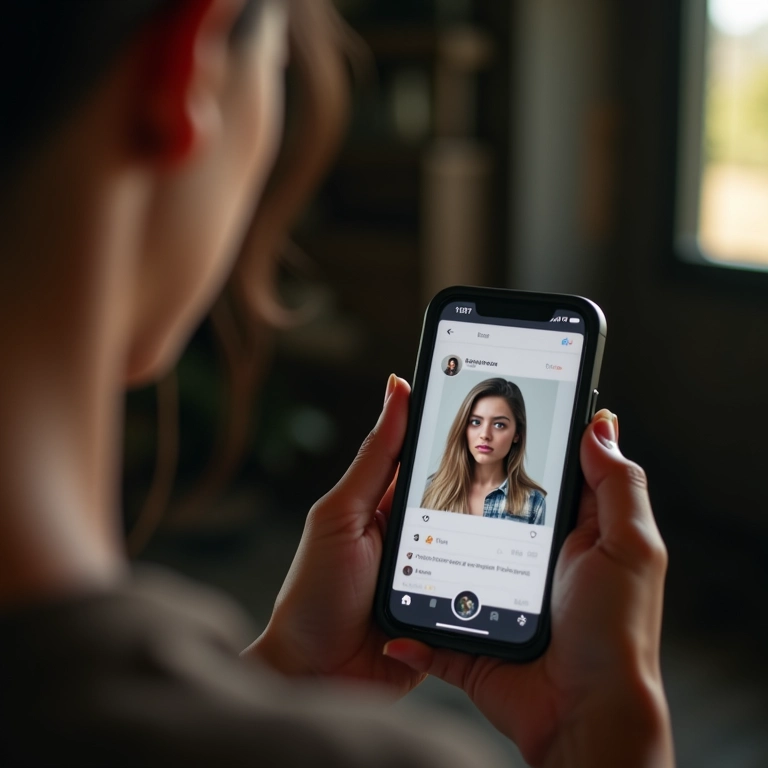 Pessoa chateada olhando para um celular mostrando um perfil falso.