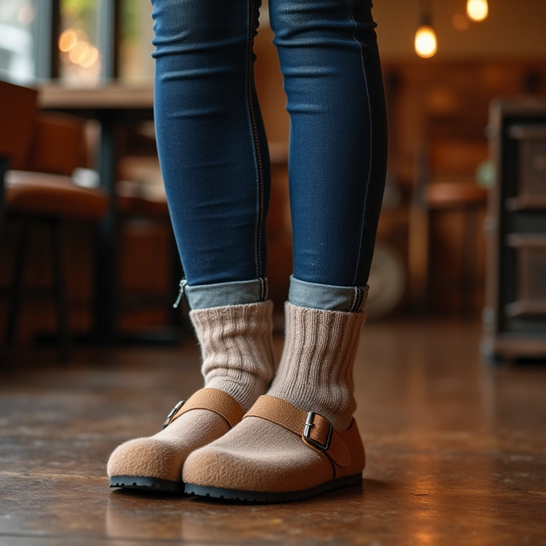 Pessoa com Birkenstock Boston e meias em café rústico no Brasil.