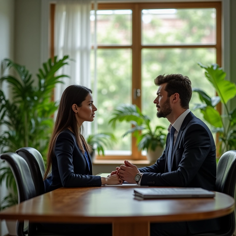 Pessoa consultando um advogado em um escritório cheio de plantas.