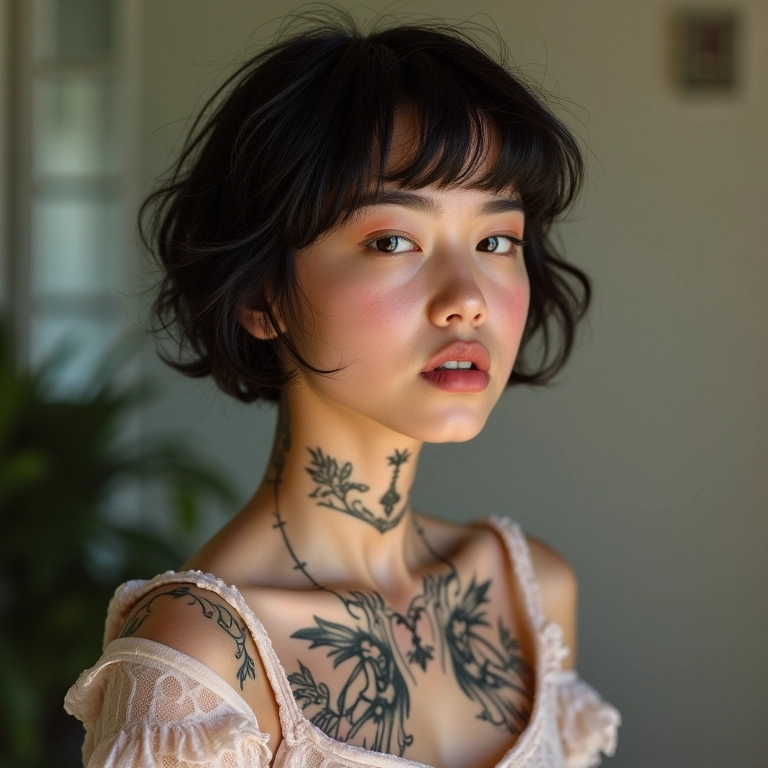 Pessoa de cabelo curto e tatuagens usando um look coquette com expressão divertida.