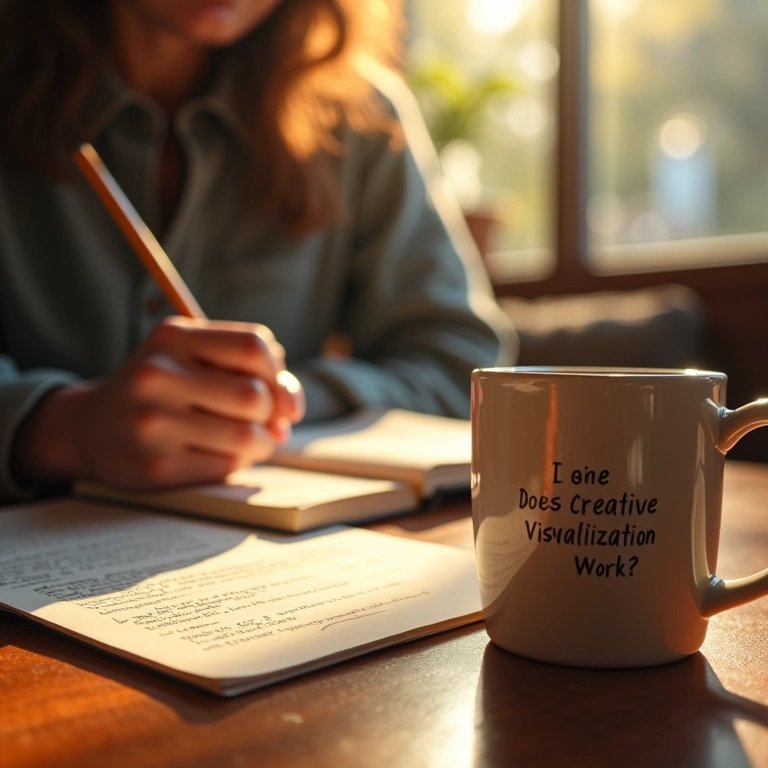 Pessoa escrevendo em um diário em um café, pensando sobre a visualização criativa.