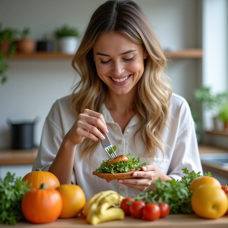 Pessoa feliz comendo uma refeição equilibrada, cercada de ingredientes saudáveis.
