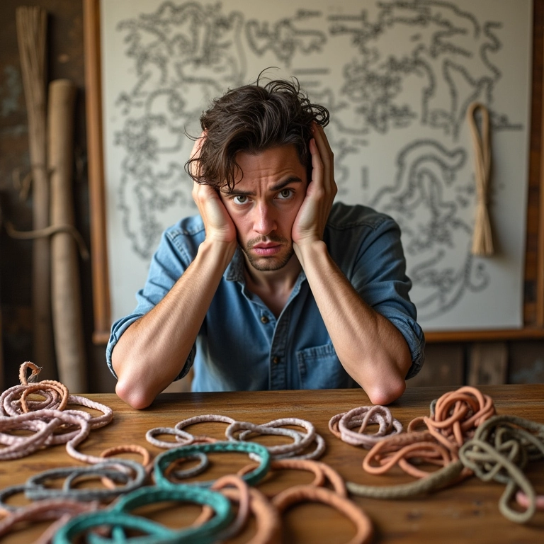 Pessoa frustrada olhando para um diagrama complexo de macramê.