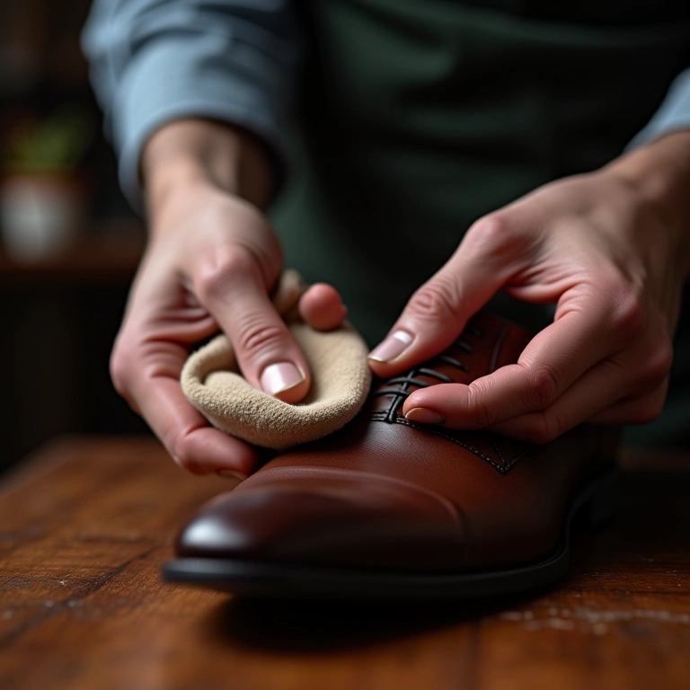 Pessoa limpando sapatilha de bico fino de couro com pano macio.