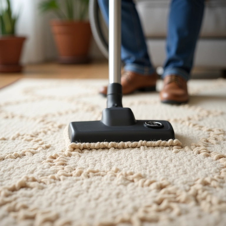 Pessoa limpando tapete de sisal com aspirador, demonstrando cuidados essenciais.