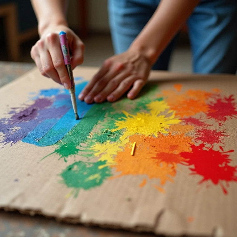 Pessoa pintando mesa de papelão com cores vibrantes, personalização DIY.