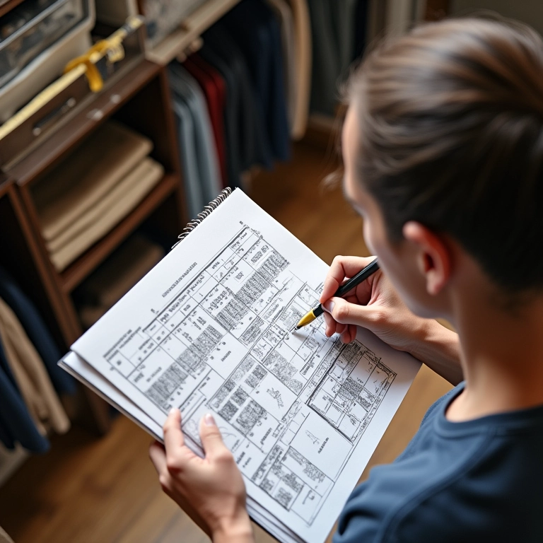 Pessoa planejando a organização do guarda-roupa com caderno e fita métrica.