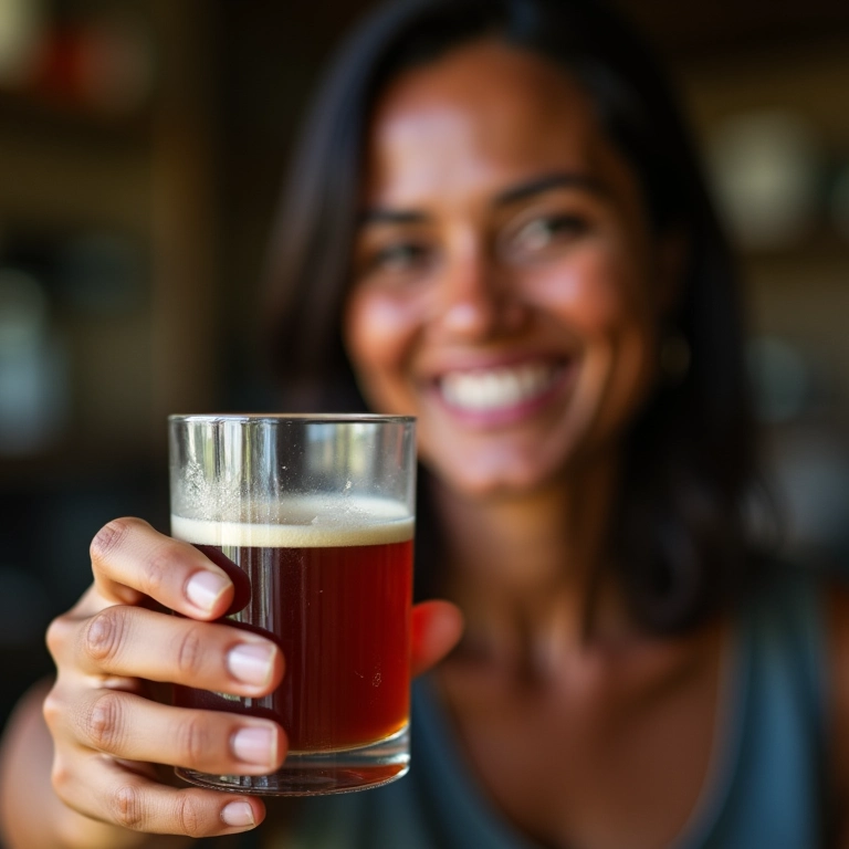 Pessoa sorrindo enquanto segura um copo de licor caseiro, ambiente acolhedor.