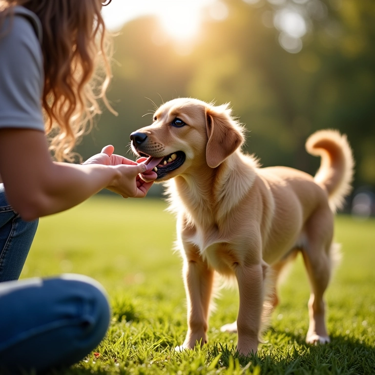 Pessoa superando o medo de animais, acariciando um cachorro amigável em um parque ensolarado.