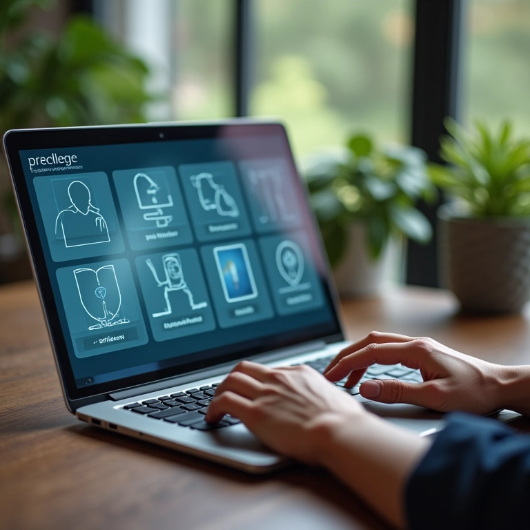 Pessoa usando laptop com ícones representando métodos legais para rastrear perfis online.