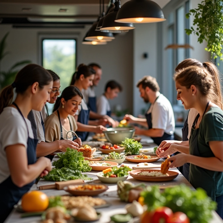 Pessoas diversas cozinhando juntas em uma cozinha ensolarada, com livros de receita.