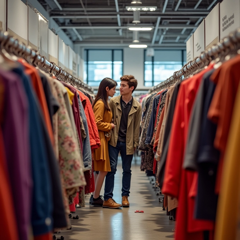 Pessoas olhando roupas em araras cheias, representando o consumismo da fast fashion.