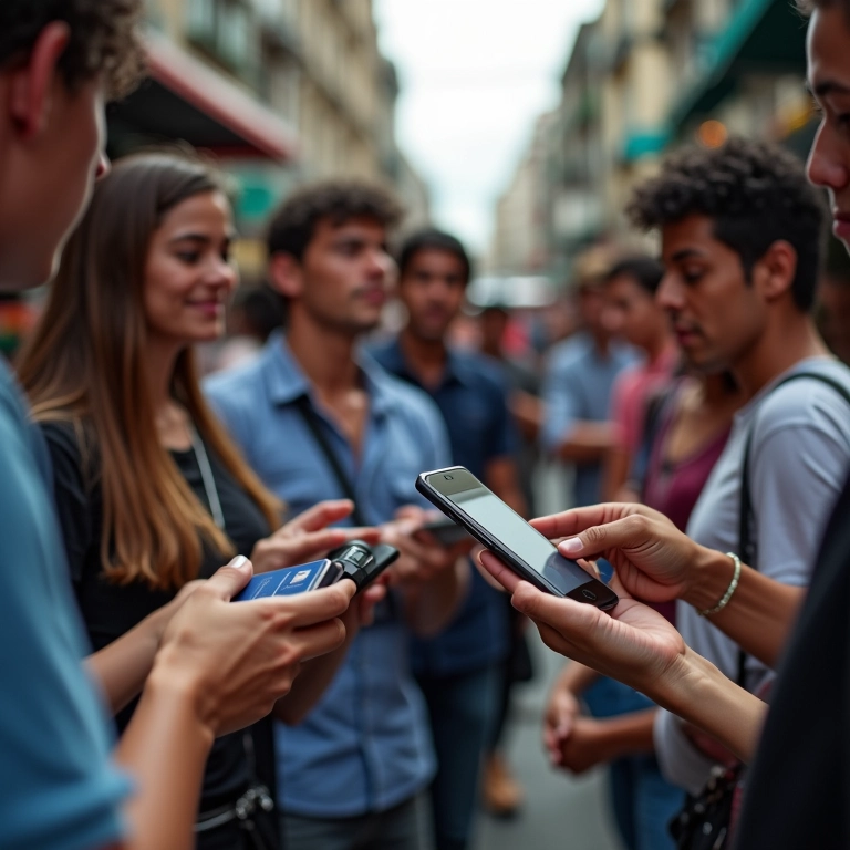 Pessoas usando carteiras digitais em uma rua movimentada no Brasil.