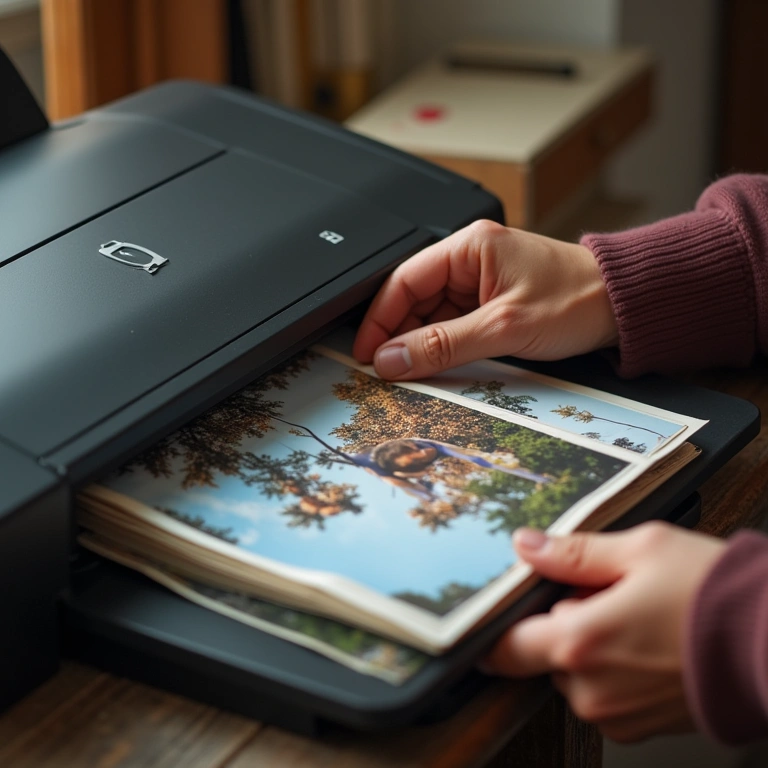 Photographic printer producing high-quality photos for a scrapbook, artisan hands, 8K quality, Impressora fotográfica imprimindo fotos para álbum de scrapbook.