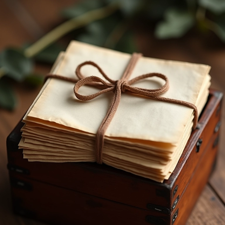 Pilhas de cartas de amor antigas amarradas com uma fita.