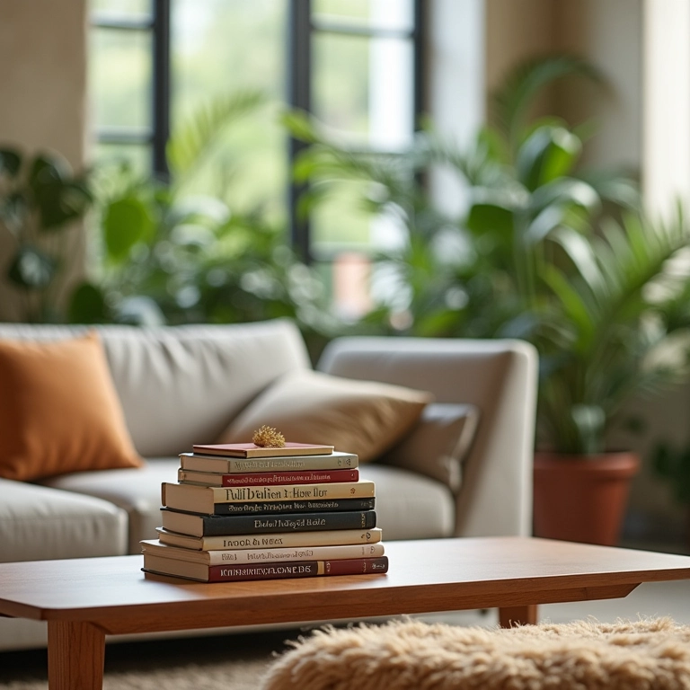 Pilhas de livros usadas como mesa de centro em sala de estar.