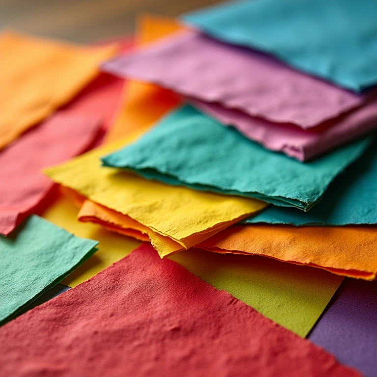 Pilhas de papéis coloridos para artesanato de papel machê.