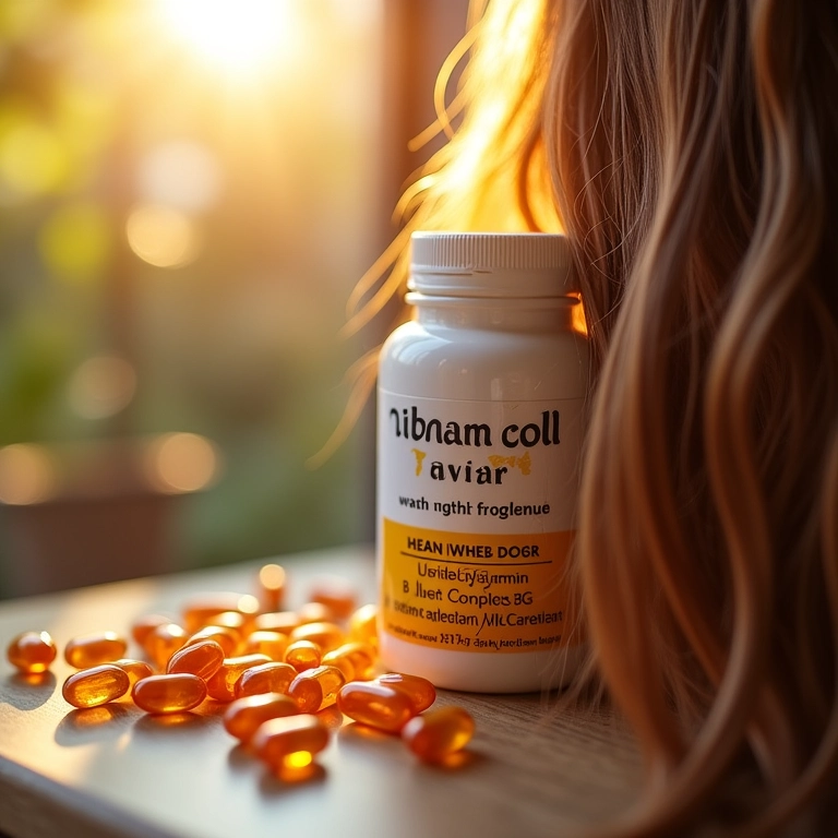 Pílulas do complexo B ao lado de cabelo brilhante, simbolizando o fortalecimento e brilho capilar.