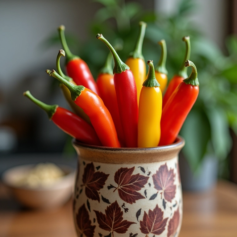 Pimentas Biquinho em um vaso decorativo na cozinha.