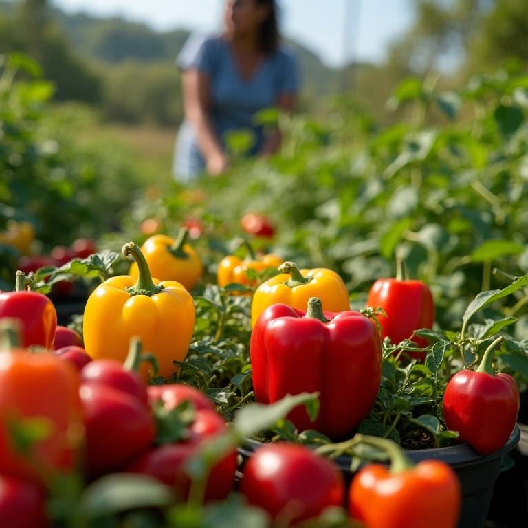 Pimentões coloridos crescendo em vasos grandes, em uma horta ensolarada.