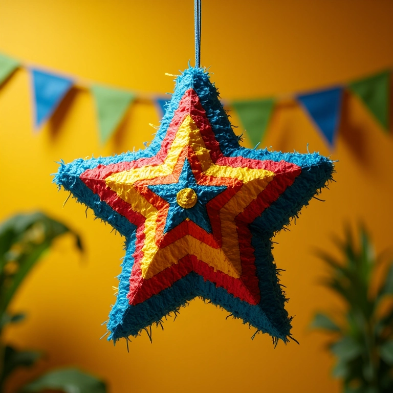 Piñata colorida em forma de estrela pendurada, pronta para a festa de aniversário.