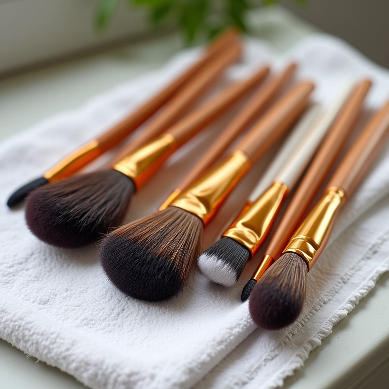 Pincéis de maquiagem secando em uma toalha limpa após a lavagem.