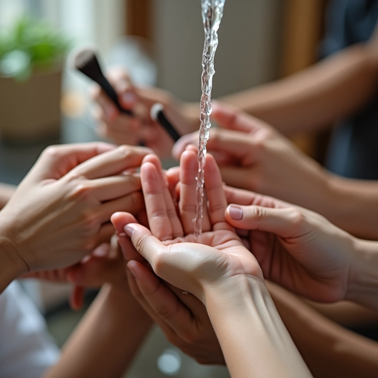 Pincéis de maquiagem sendo enxaguados em água morna para uma limpeza completa.