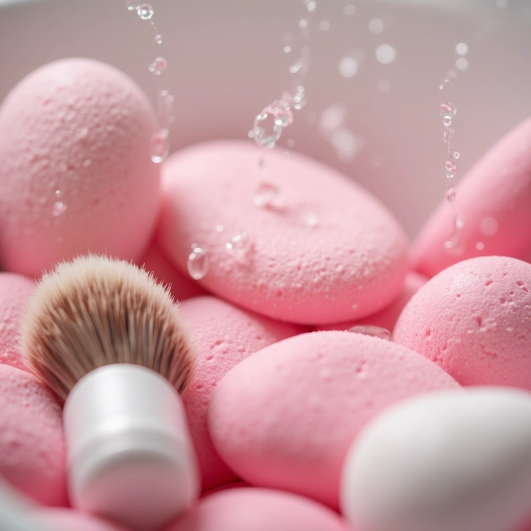 Pincéis e esponjas de maquiagem sendo limpos com água e sabão.