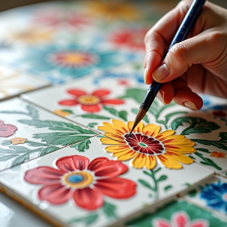 Pintando azulejos com stencil floral e cores vibrantes.