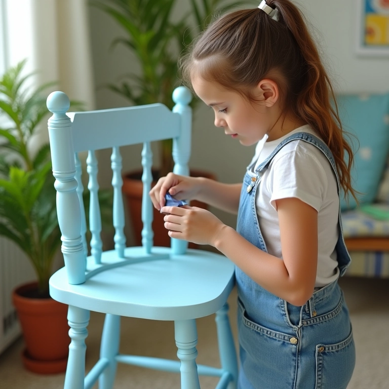 Pintura base em cadeira de madeira azul clara, estilo country.