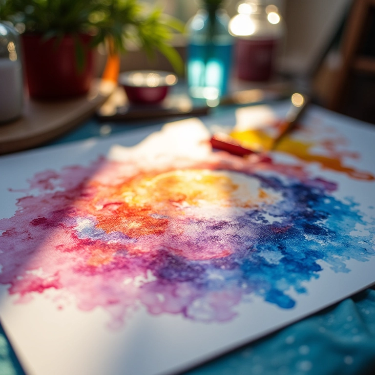 Pintura em aquarela vibrante em andamento, com pincéis e tintas.