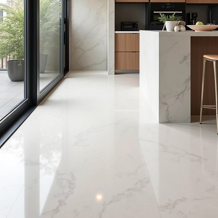 Piso de porcelanato elegante em cozinha brasileira moderna com design minimalista.