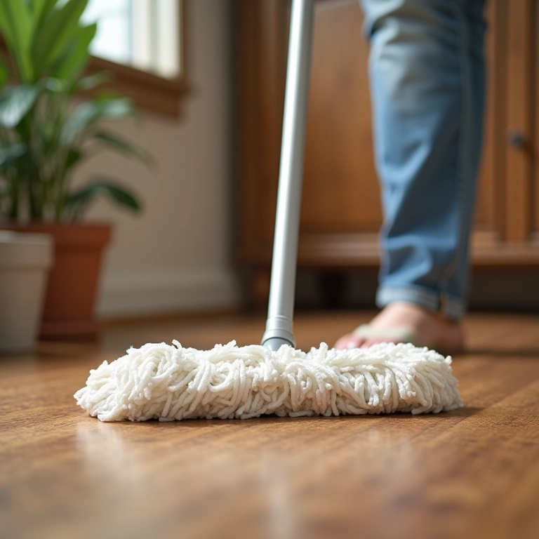 Piso laminado encardido sendo limpo com esfregão, mostrando a sujeira.