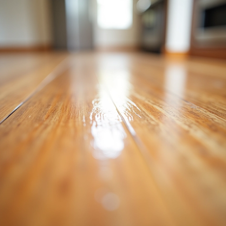 Piso laminado recém-encerado com brilho intenso.