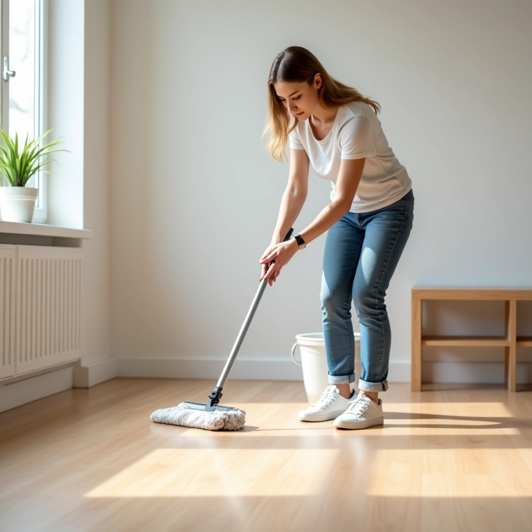 Piso laminado sendo limpo com detergente neutro e água.