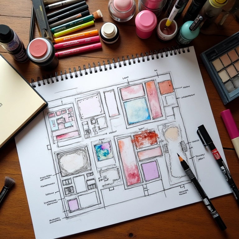 Planejamento do layout da penteadeira com caderno de esboços e maquiagem.