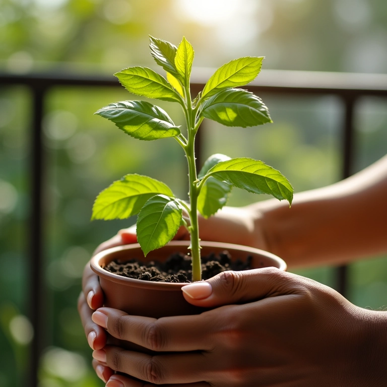 Plantando muda de manjericão limão.