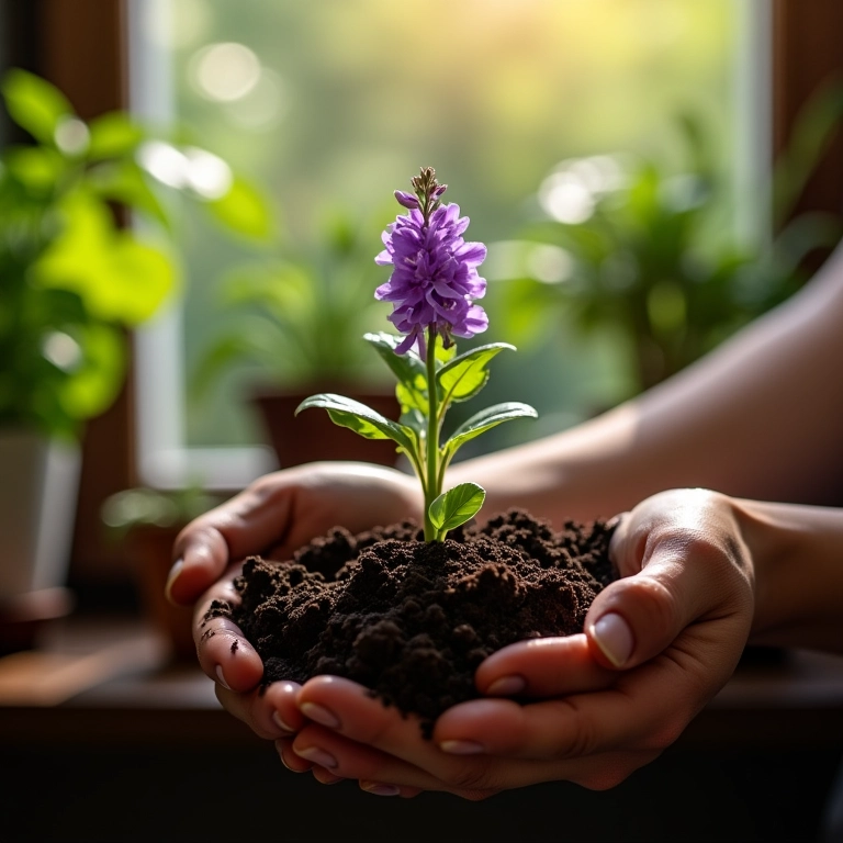 Plantando muda de manjericão roxo em vaso na janela.