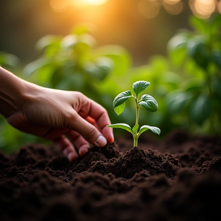 Plantando mudas de manjericão em solo preparado, mãos delicadamente colocando a muda.